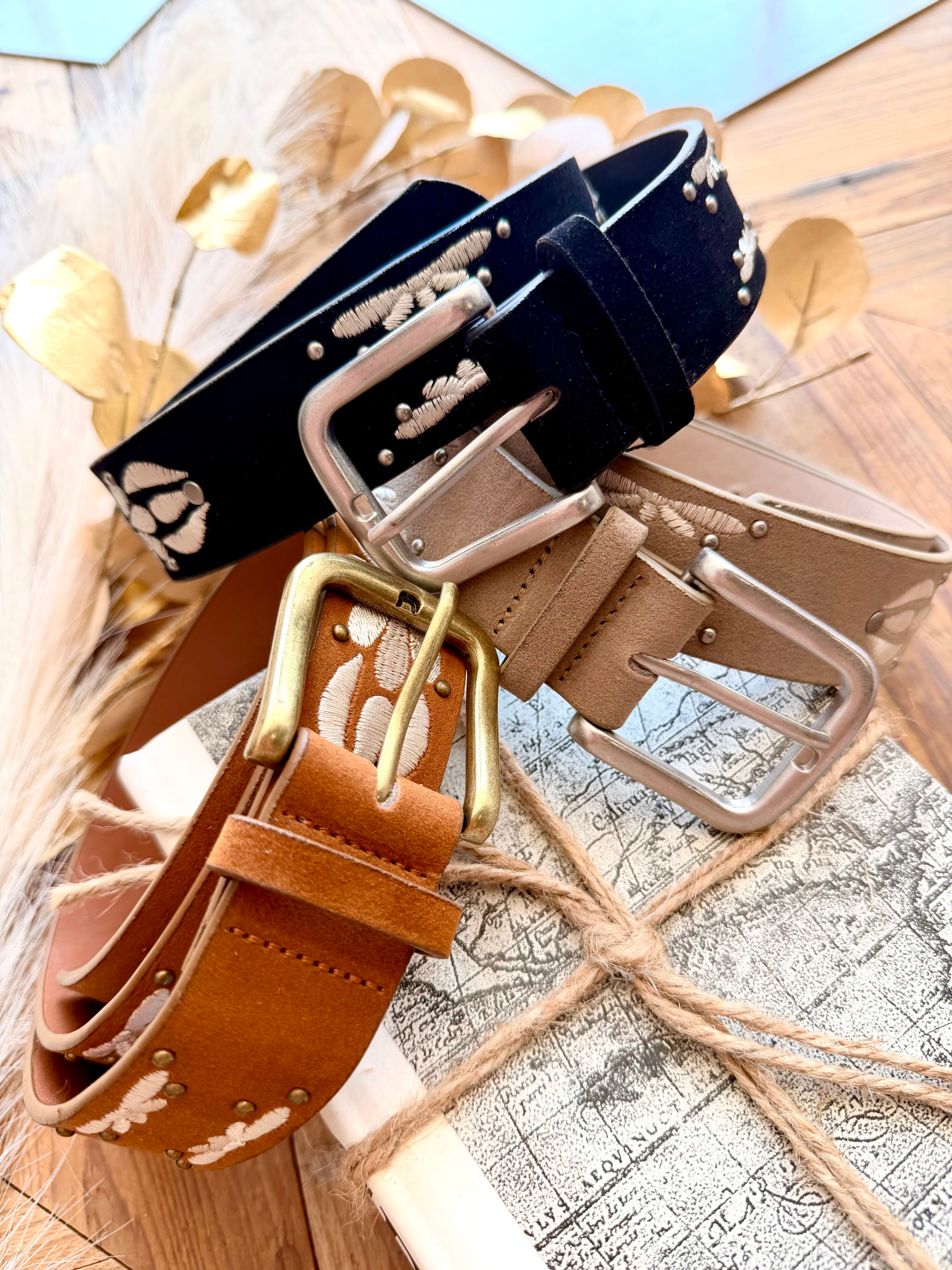 Embroidered Floral Print Vegan Leather Belt In Khaki - Infinity Raine