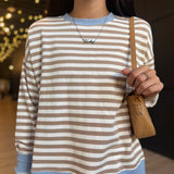 Striped Boxy Long Sleeve Contract Knit Top In Khaki Multi