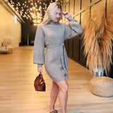 Audrina Turtleneck Sweater Dress with Tie Waist In Taupe