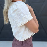 V-Neckline Front Tie Embroidered Floral Cropped Top in Cream