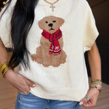Puppy Jacquard Short Sleeve Knit Sweater in Cream - Infinity Raine
