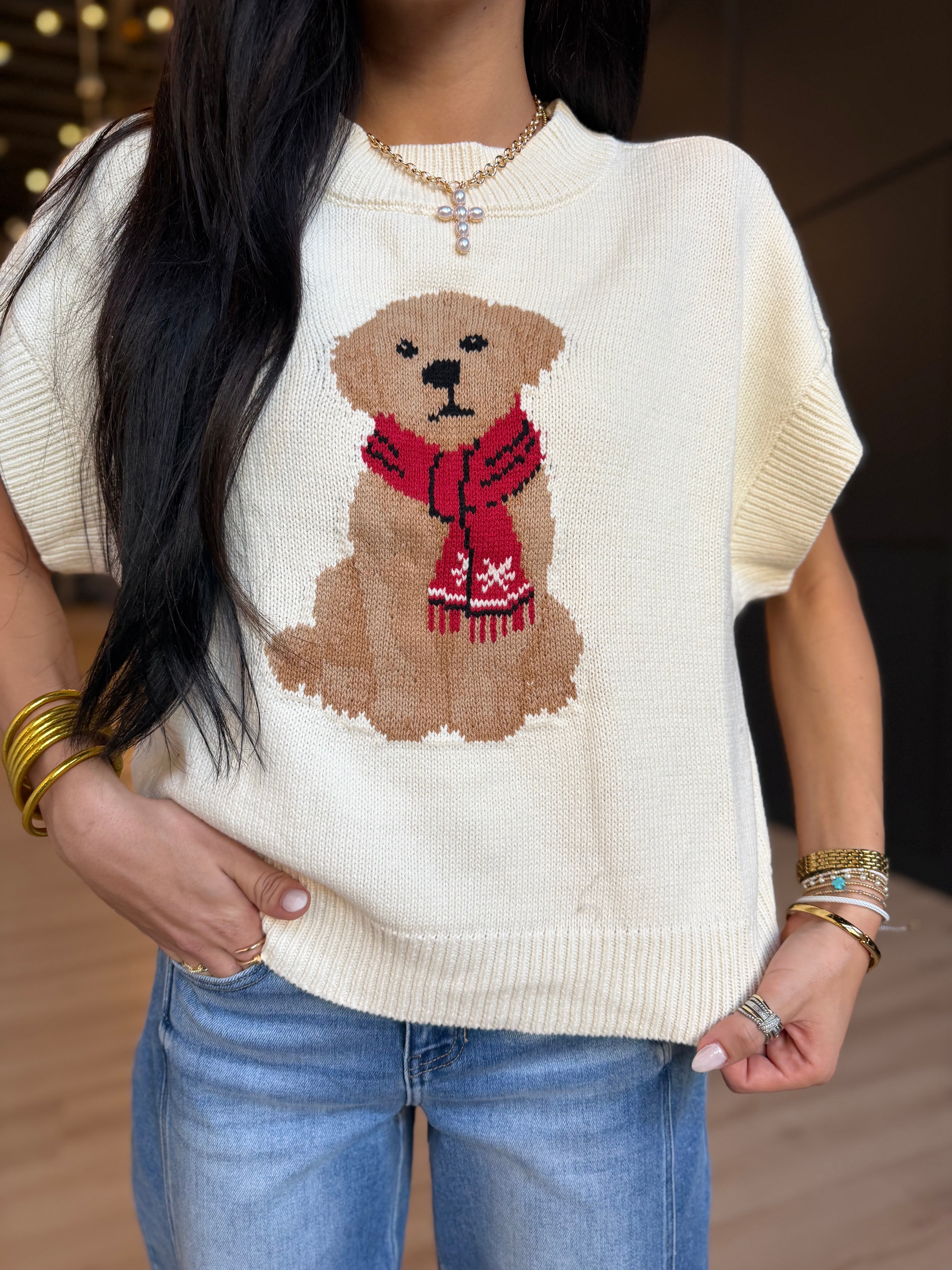 Puppy Jacquard Short Sleeve Knit Sweater in Cream - Infinity Raine