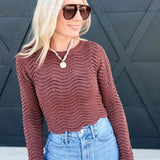 Round Neck Wavy Crop Sweater With Long Sleeve In Brown