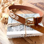 Embroidered Floral Print Vegan Leather Belt In Light Brown - Infinity Raine