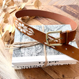 Embroidered Floral Print Vegan Leather Belt In Light Brown - Infinity Raine