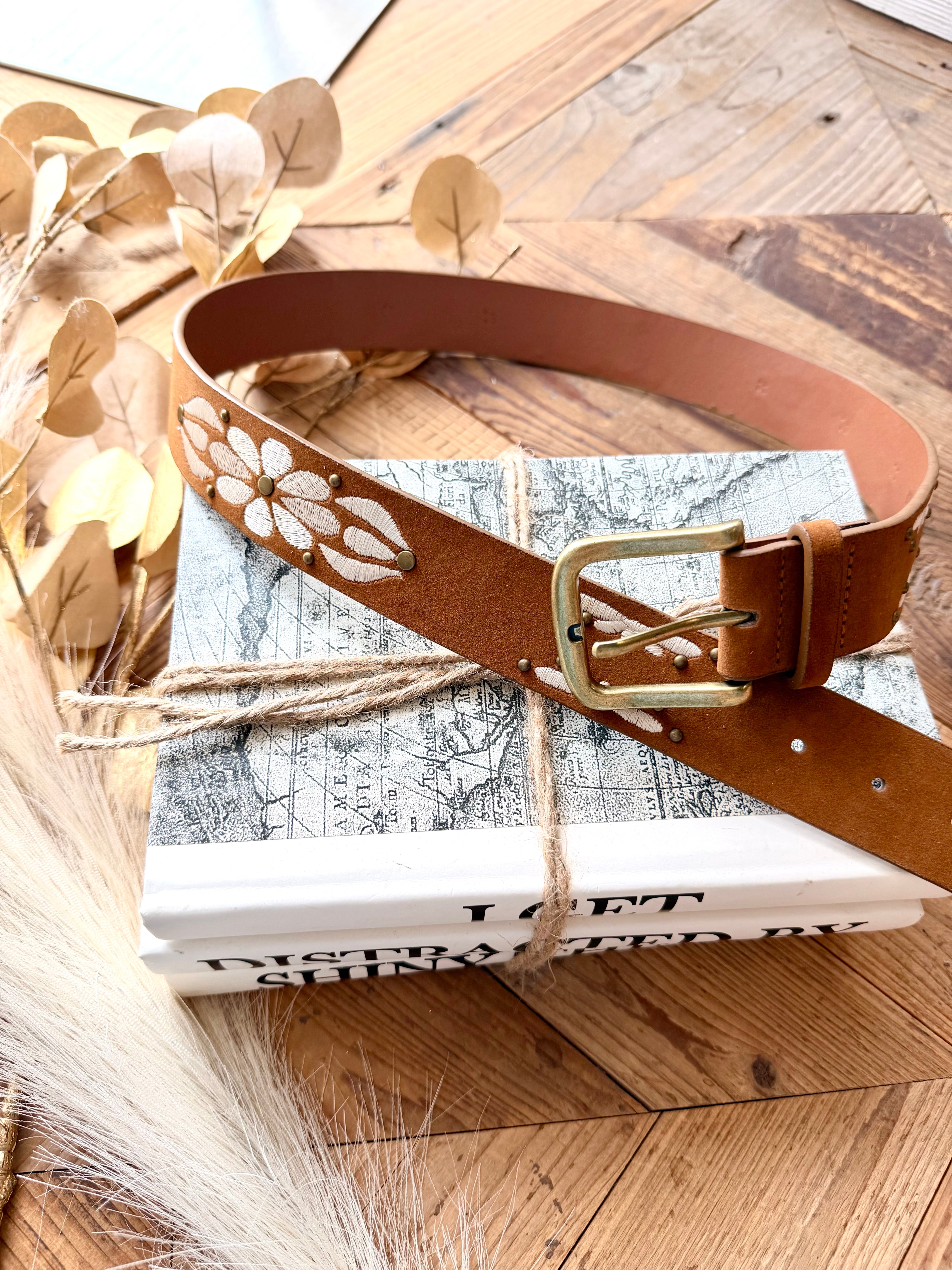 Embroidered Floral Print Vegan Leather Belt In Light Brown - Infinity Raine