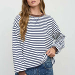 Stripe Crew Neck v Stitch Long Sleeve Knit Top In Navy - Infinity Raine