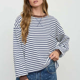 Stripe Crew Neck v Stitch Long Sleeve Knit Top In Navy - Infinity Raine