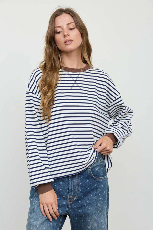 Stripe Crew Neck v Stitch Long Sleeve Knit Top In Navy - Infinity Raine