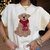 Puppy Jacquard Short Sleeve Knit Sweater in Cream - Infinity Raine
