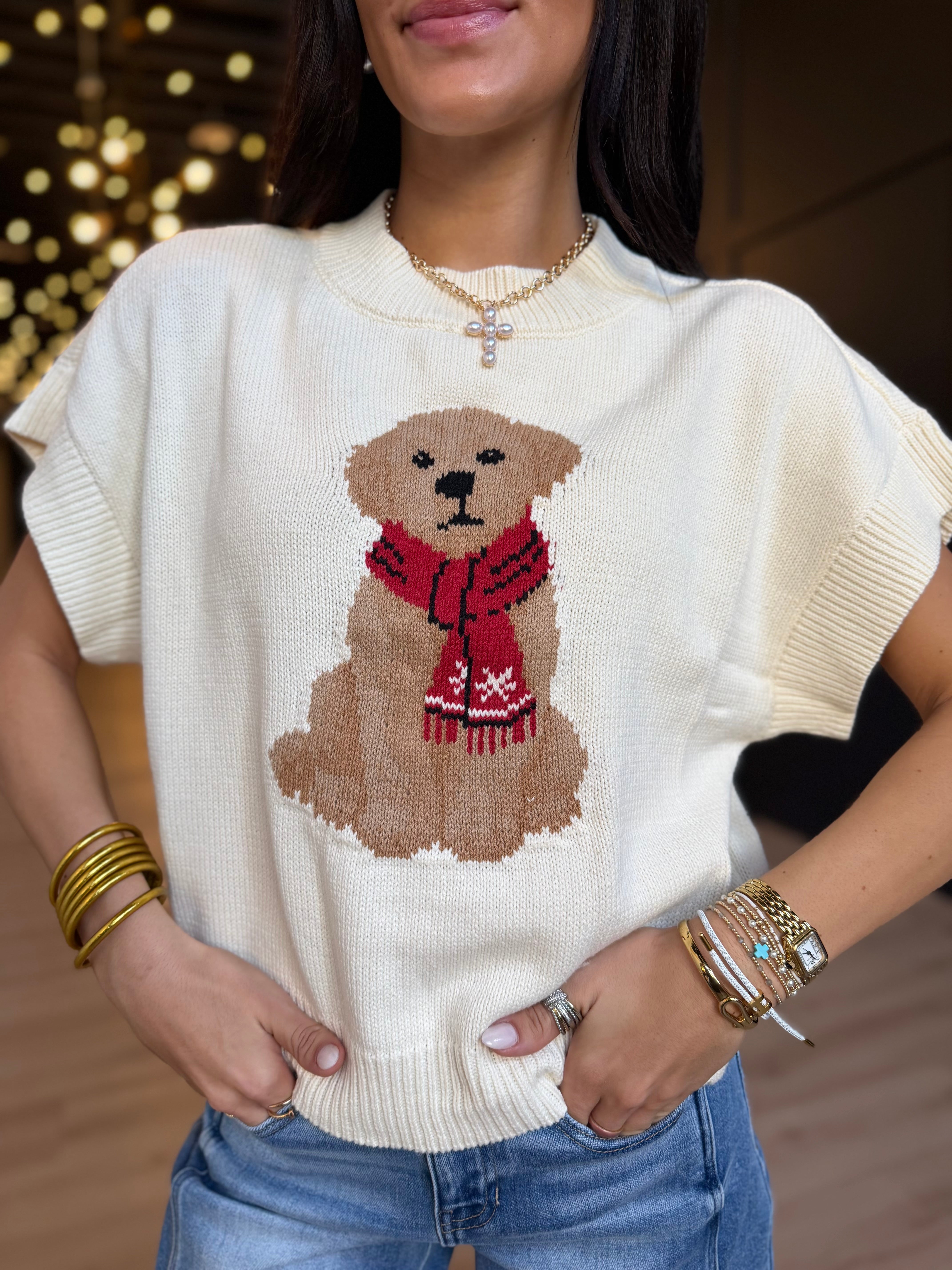 Puppy Jacquard Short Sleeve Knit Sweater in Cream - Infinity Raine