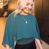 Sheer Chiffon Cape Overlay Sleeveles Round Neck Top In Hunter Green