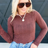 Round Neck Wavy Crop Sweater With Long Sleeve In Brown
