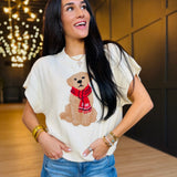 Puppy Jacquard Short Sleeve Knit Sweater in Cream - Infinity Raine