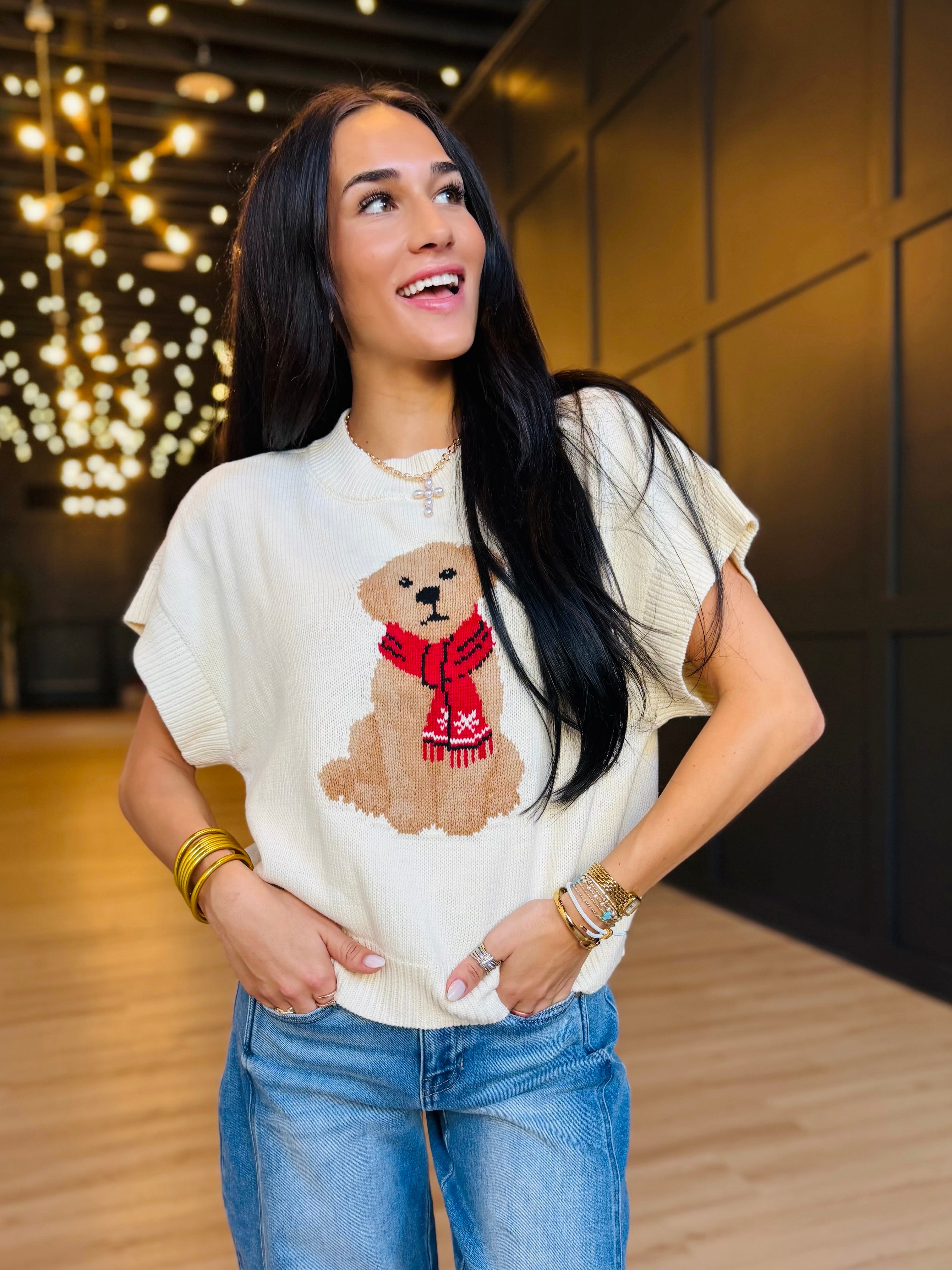 Puppy Jacquard Short Sleeve Knit Sweater in Cream - Infinity Raine