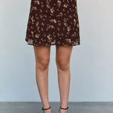 Floral Print Elastic Lace Trim Mini Skirt In Brown