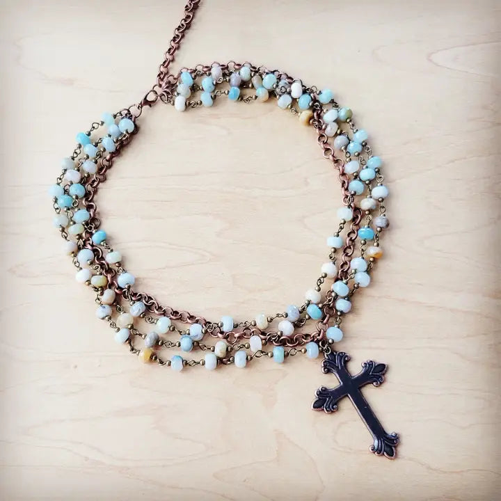 Amazonite Beaded Collar Necklace w/ Cross Pendant 261a - Infinity Raine