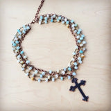 Amazonite Beaded Collar Necklace w/ Cross Pendant 261a - Infinity Raine