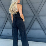 Mineral Washed Strapless Jumpsuit In Black - Infinity Raine