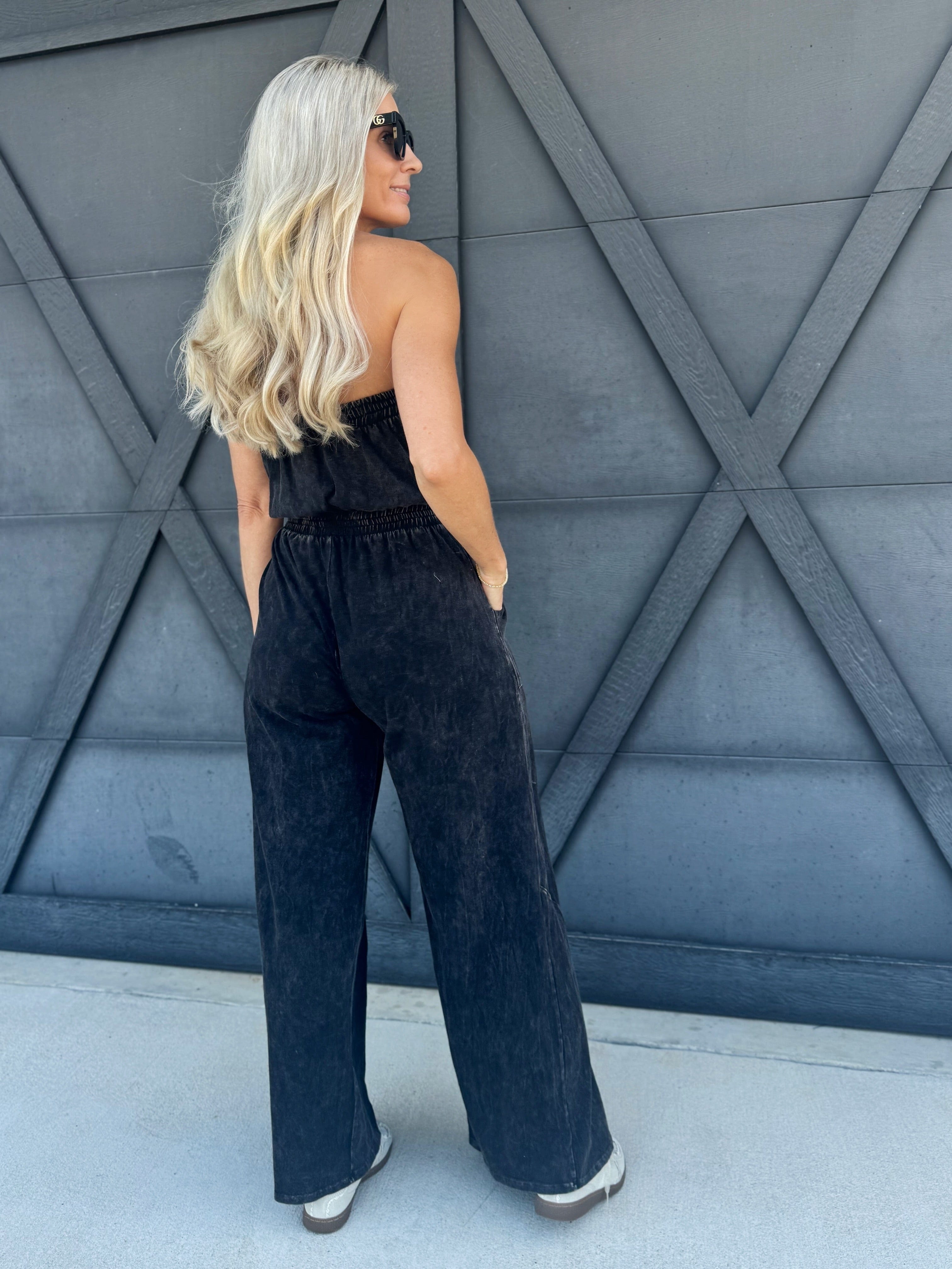 Mineral Washed Strapless Jumpsuit In Black - Infinity Raine