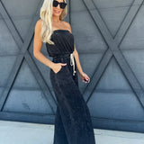 Mineral Washed Strapless Jumpsuit In Black - Infinity Raine