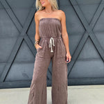 Mineral Washed Strapless Jumpsuit In Brown - Infinity Raine