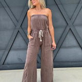Mineral Washed Strapless Jumpsuit In Brown - Infinity Raine