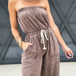 Mineral Washed Strapless Jumpsuit In Brown - Infinity Raine