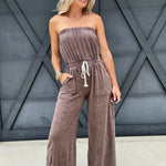 Mineral Washed Strapless Jumpsuit In Brown - Infinity Raine