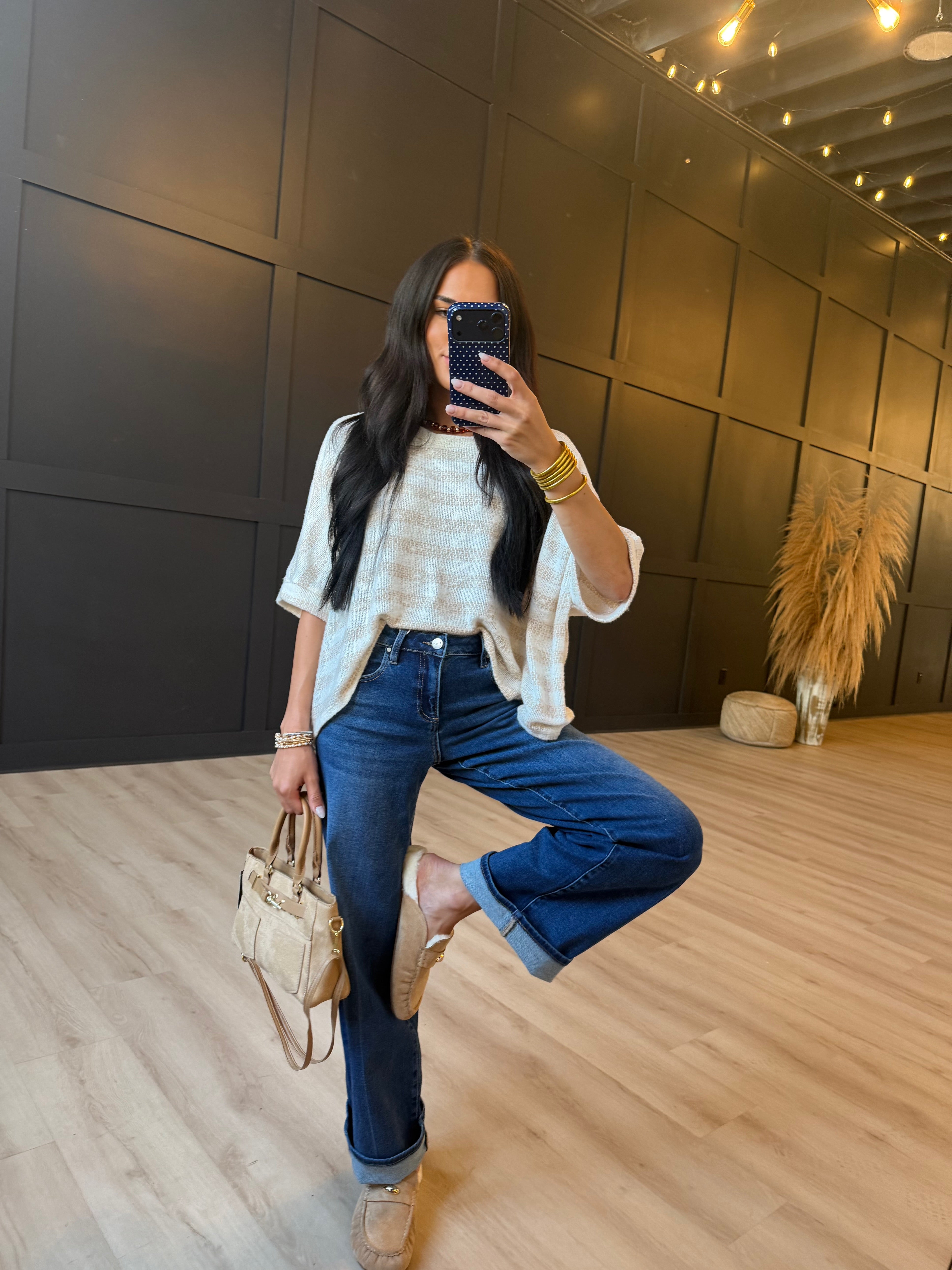 Billie Stripe Brushed Dolman Top In Cream Taupe - Infinity Raine