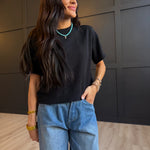 Lightweight Exposed Seam Short Sleeve Crop Sweater In Black - Infinity Raine