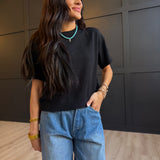 Lightweight Exposed Seam Short Sleeve Crop Sweater In Black - Infinity Raine