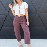 Square Patch Pocket Ankle-Length Barrel Jeans In Coffee