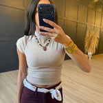 Mock Neck Cap Sleeve Heathered Knit Top- Taupe - Infinity Raine