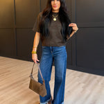 Crewneck Short Sleeve Rib Hem Pullover Sweater In Cocoa - Infinity Raine