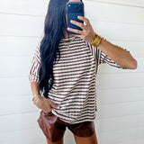 Stripe Textured Knit Split Hem Half Sleeve Top In Brown
