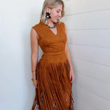 Suede V-Neck Fringe Tiered Dress In Camel