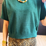 Lightweight Exposed Seam Short Sleeve Crop Sweater In Hunter Green - Infinity Raine