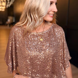 Sequin Draped Asymmetric Poncho Top In Dusty Gold