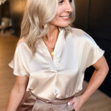 Drop Shoulder Blouse in Crinkle Satin In Beige