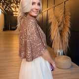 Sequin Draped Asymmetric Poncho Top In Dusty Gold