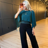 Sheer Chiffon Cape Overlay Sleeveles Round Neck Top In Hunter Green