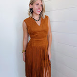 Suede V-Neck Fringe Tiered Dress In Camel