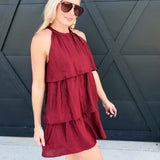 Tiered Texture Halter Mini Dress In Burgundy