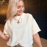 Lightweight Exposed Seam Short Sleeve Crop Sweater In Ivory