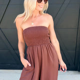 Yoru Chiffon Smocked Tube Balloon Jumpsuit In Brown