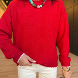 Contrast Edge Crew Neck Long Sleeve Pullover In Red