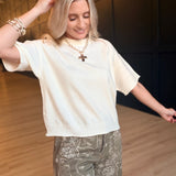 Lightweight Exposed Seam Short Sleeve Crop Sweater In Ivory
