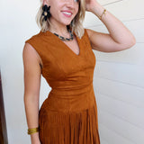 Suede V-Neck Fringe Tiered Dress In Camel