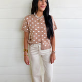 Polka Dot Button Down Casual Sweater Cardigan In Dark Khaki